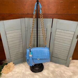 Sondra Roberts Squared Blue Woven Vegan Leather Purse Double Strap Crossbody